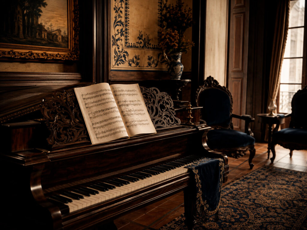 Piano de época con partitura abierta en un elegante salón de estilo mexicano del siglo XIX, representando la tradición del vals mexicano.